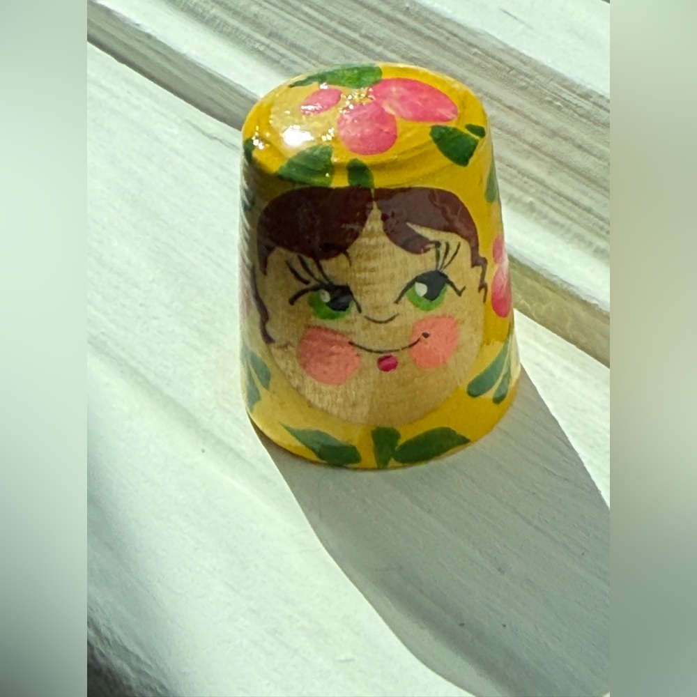 Matroyshka Doll Wooden Thimble-Crafted in Russia Hand-Painted Yellow Floral